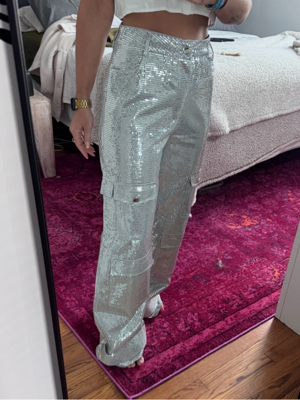 Sequin Cargo Pants in Shimmery Silver